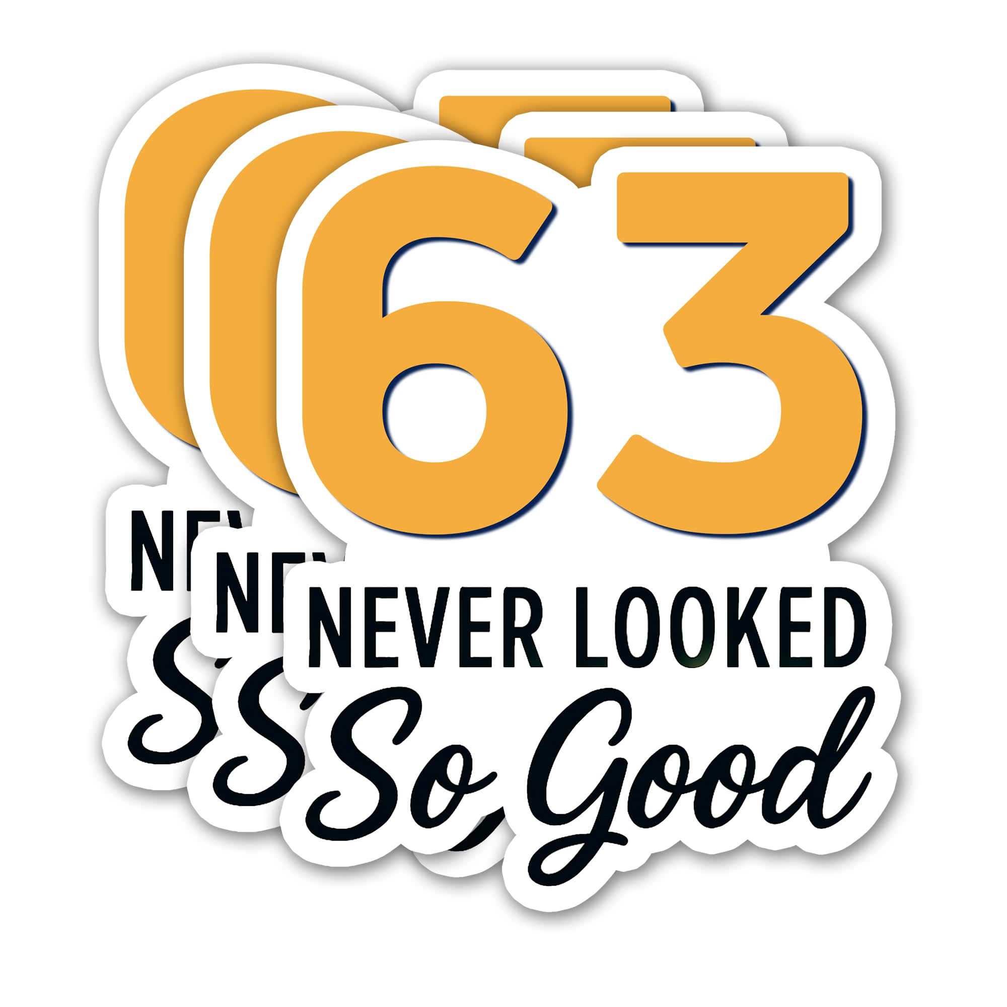 Photo 1 of (3PCS) 63 Never Looked So Good Sticker – Happy 63th Birthday, Waterproof Vinyl Decals for Party Decor, Scrapbooking, Water Bottles, Laptops, Size 3" x 2.5"