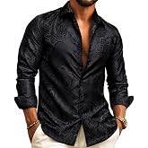 Barry.Wang Mens Western Shirts Long Sleeve Button Down | Silk Paisley Vintage Cowboy Designer Formal Casual Dress Button Up Regular Fit Collar Party Disco Wedding Daily Banquet