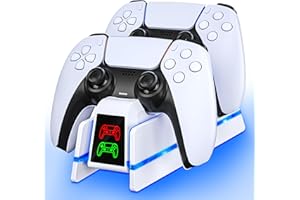 FEGLIEA PS5 Controller Charger Station for PlayStation 5 Dualsense/Dualsense Edge,Charging Station with 10 LED Light, PS5 Controller Accessories Charging Dock, White