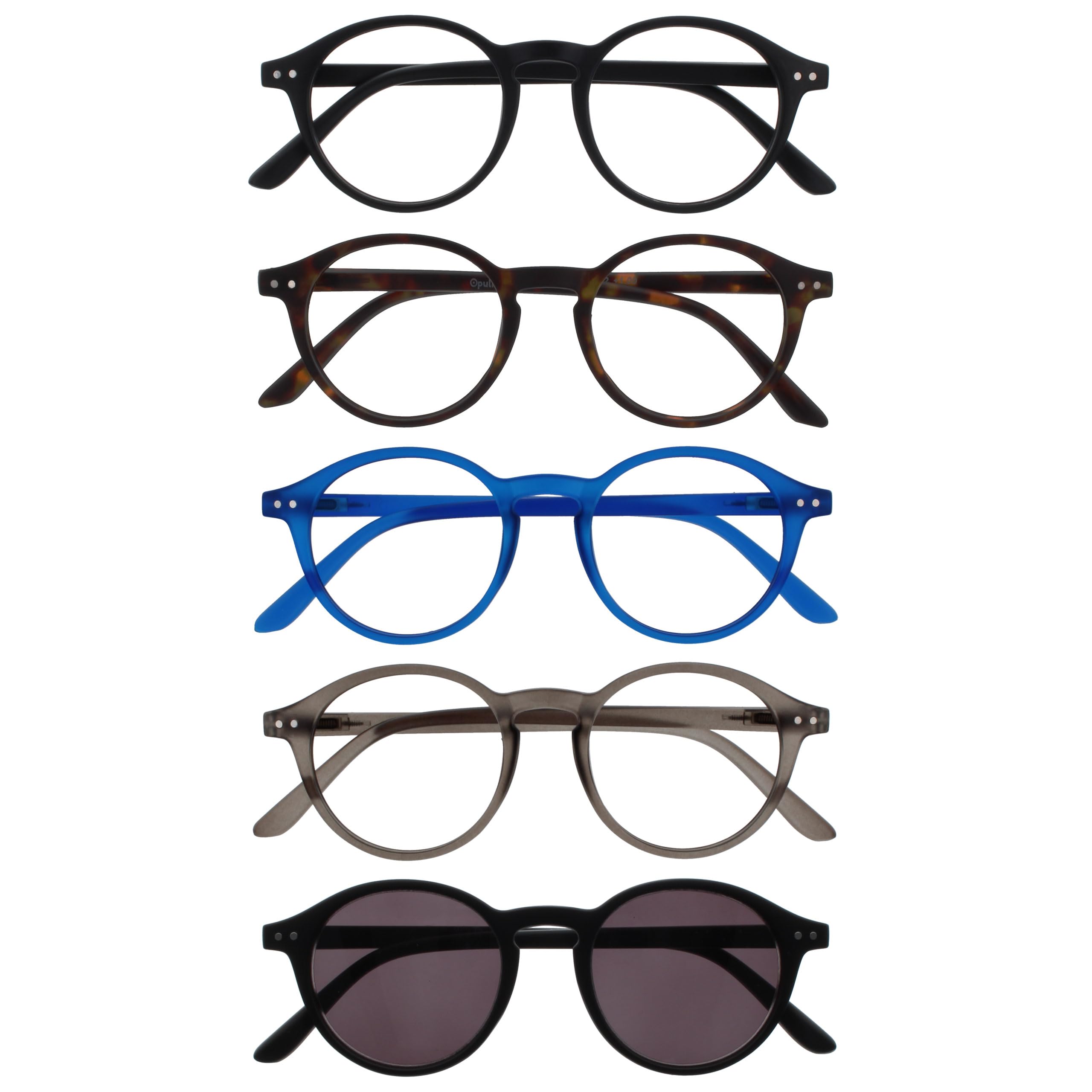 OPULIZE REY Readers with Reading Sunglasses - 5-Pack - Round Frame - Matt Black, Brown, Blue, Grey, Black - Mens Womens - Spring Hinges - RRRRS56-12371 - +2.00