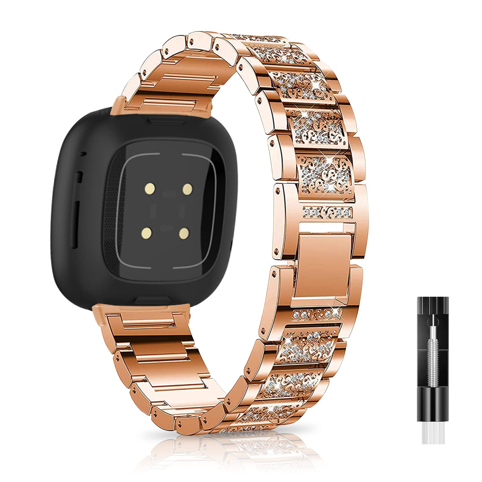 Niboow Bracelet Compatible with Fitbit Sense,Fitbit Versa 3, Women's Stainless Steel Metal Diamond Rhinestone Watch Strap Replacement Strap Compatible with Fitbit Sense,Rose, Stainless steel