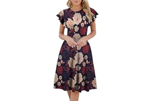 HELYO Women's Semi-Formal Ruffle Sleeves V-Back Work Fit and Flare Cocktail Wedding Guest Dress with Pockets 842