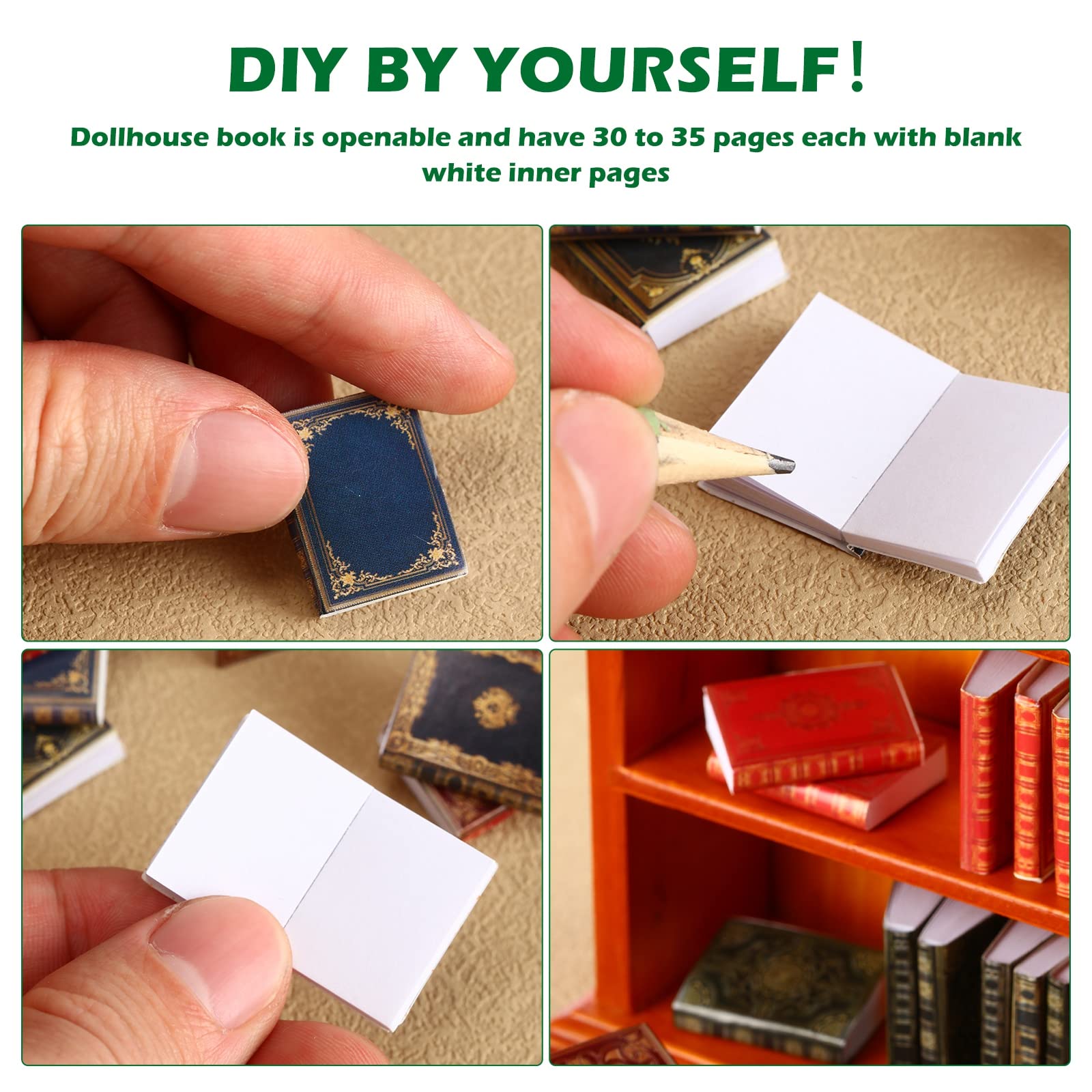 Miniatures Book and Bookshelf Set Includes 27 Pcs 1:12 Scale Miniatures Dollhouse Books 1 Pcs Wooden Bookcase 4 Floors Furniture Display Bookshelf Cabinet Dollhouse Decoration for Mini House Library