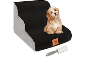 LOCGII Dog Stairs for Small Dogs-3 Steps Soft Foam Dog Steps Ramps for Bed Couch, High Density Pet Steps Stairs for Joint Pain Dog, Cats, and with a Lint Roller (Black)