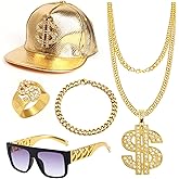 MONAZEO 5Pcs 80s/90 Hip Hop Costume Kit Gold Rapper Hat Sunglasses Gold Dollar Sign Pendant Necklaces Rapper Accessories