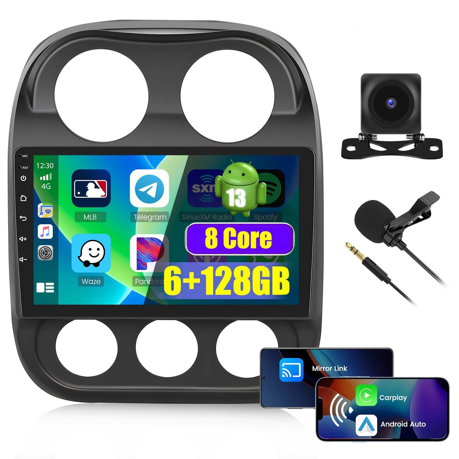 Photo 1 of ****MISSING CORDS***6G+128G 8Core Radio for Jeep Compass Patriot 2010-2016, 10” IPS Touchscreen Stereo Wireless CarPlay Android Android Auto 5G WiFi 32EQ DSP GPS Navi BT FM/RDS SWC+Free AHD Backup Camera Mic