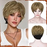 SOFEIYAN Pixie Cut Wig - Short Honey Blonde with Black Underlayer Pixie Haircut Wig with Bangs Pre-Styled Glueless Layered Synthetic Hair Wigs for Women Natural Looking Wigs for Daily Wear