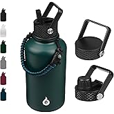 BJPKPK Half Gallon Insulated Water Bottles with Straw Lid, 64oz Large Water Jug, Stainless Steel Bottles with 3 Lids and Paracord Handle, Thermo for Hot & Cold Liquid, Army Green