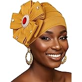 Woeoe African Turban Caps Pre-Tied Flower Turbans Sparkle Crystal Head Scarf Headwear for Women Yellow