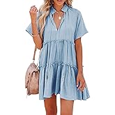 Dellytop Womens Drawstring V Neck Dress Ruffle Tiered Short Sleeve Babydoll Tunic Swing Sundresses