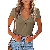 PRETTYGARDEN Women's Summer Casual Henley T-Shirts Short Sleeve V Neck Button Up Ribbed Knit Slim Fit Basic Tops