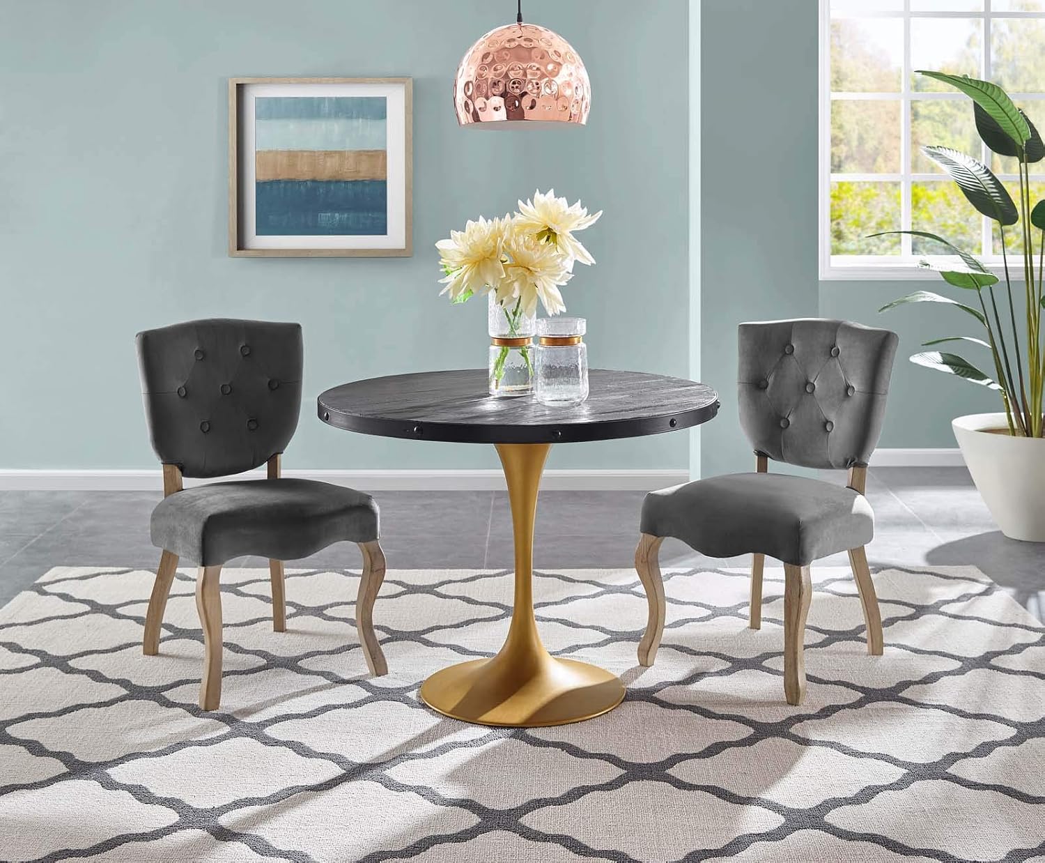 Amazon Com Modway Drive 40 Modern Farmhouse Dining Table With Round Pine Black Wood Top And Gold Steel Base In Black Gold Tables