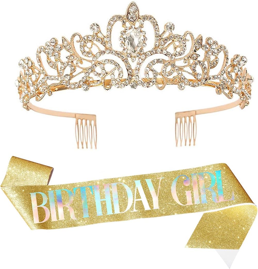 Leixi Birthday Girl Sash Rhinestone Tiara Set Gold Women Party Headband