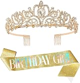 Leixi Birthday Girl Sash Rhinestone Tiara Set Gold Women Party Headband