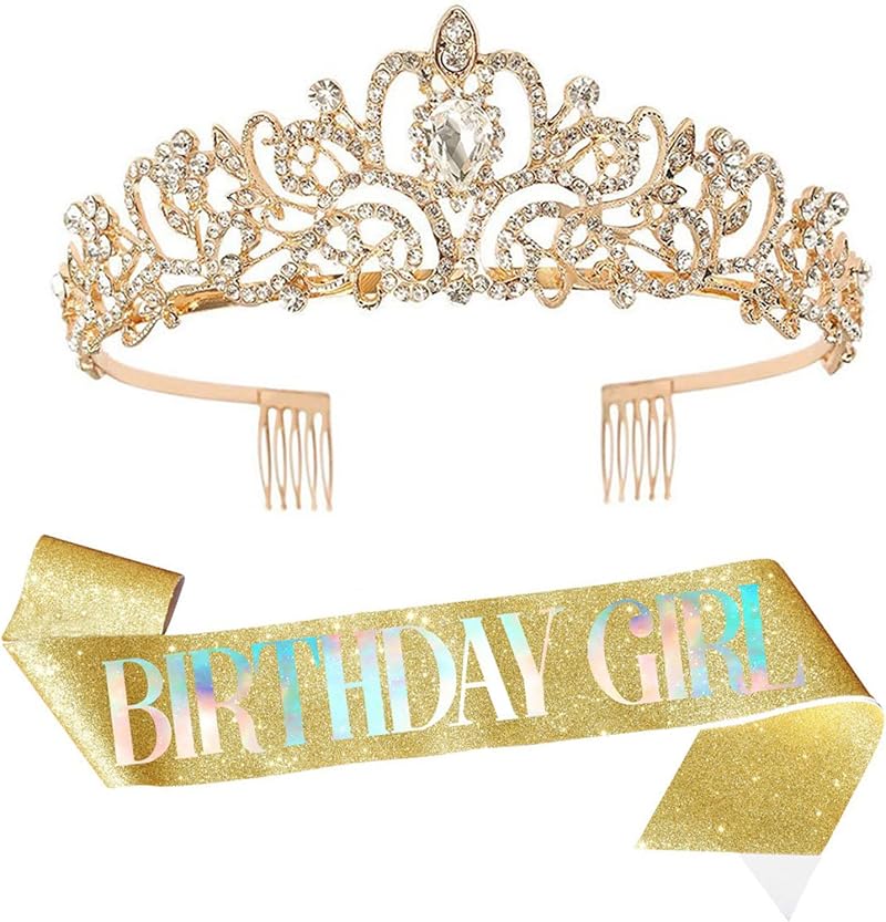 Leixi Birthday Girl Sash Rhinestone Tiara Set Gold Women Party Headband