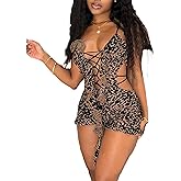 Molilove Womens Cheetah Print Romper Mesh Sexy Sleeveless Bodycon Shorts Leopard Romper Hollow Out Y2K One Piece Outfits
