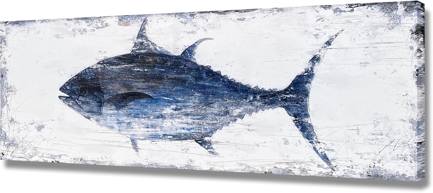 Paintings - BATRENDY ARTS Tuna Picture Wall Art Navy Blue and White Fish Canvas Painting Nautical Coastal Style Artwork for Bathroom Guestroom Ready to hang