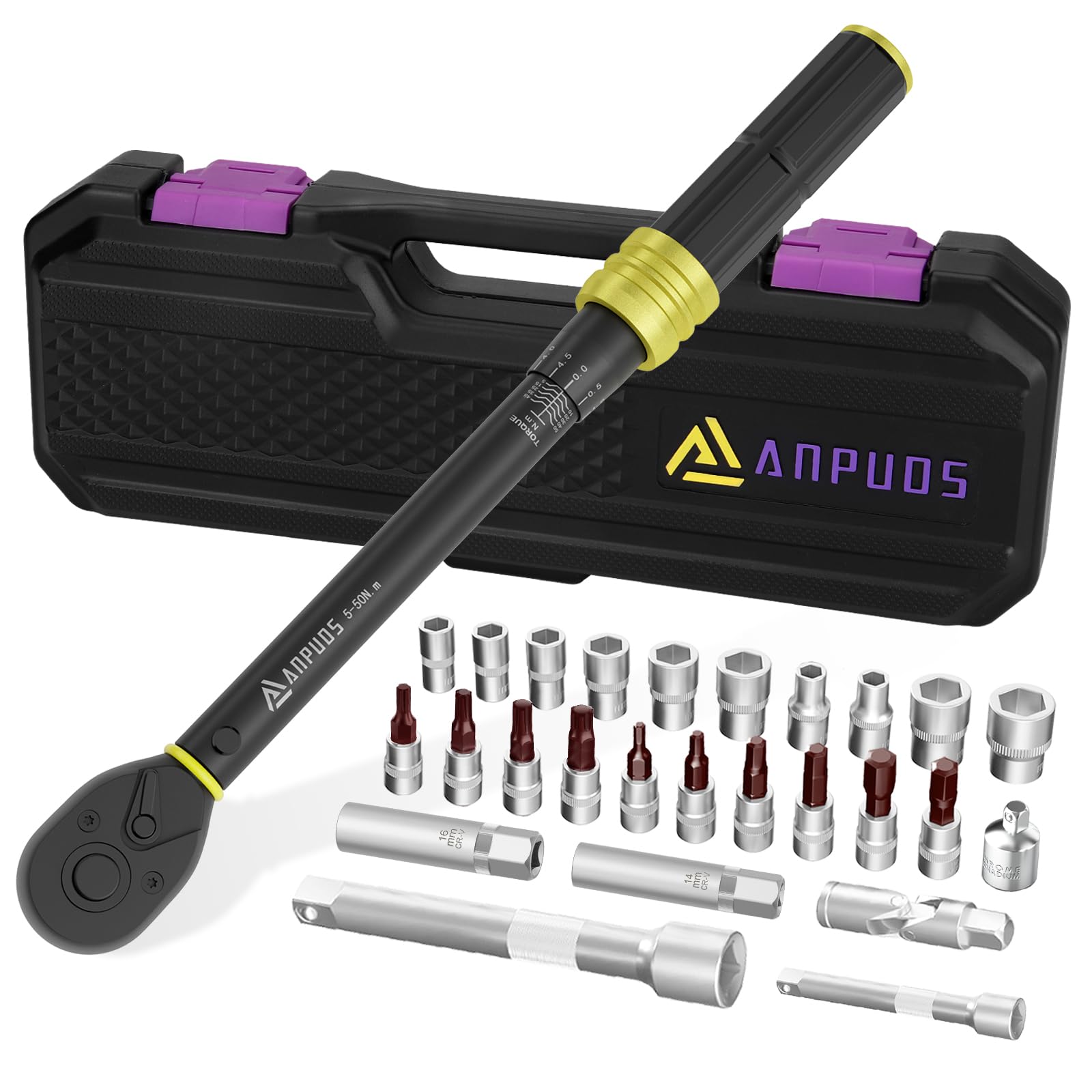 ANPUDS Torque Wrench 3/8 Inch 5-50 Nm Bicycle & Motorcycle Torque Wrench 27-Piece Set with 100/150 mm Extension Rod, 3/8 Inch - 1/4 Inch Adapter, Spark Plug Sleeve, Universal Joint, Hex and Torx Bits