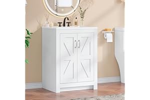 ONBRILL Farmhouse Bathroom Vanity with Sink, Freestanding Bathroom Vanities with Ceramic Basin & Soft-Close Door, Wood Storage Cabinet with Adjustable Shelf for Apartment & Small Space (White, 24")