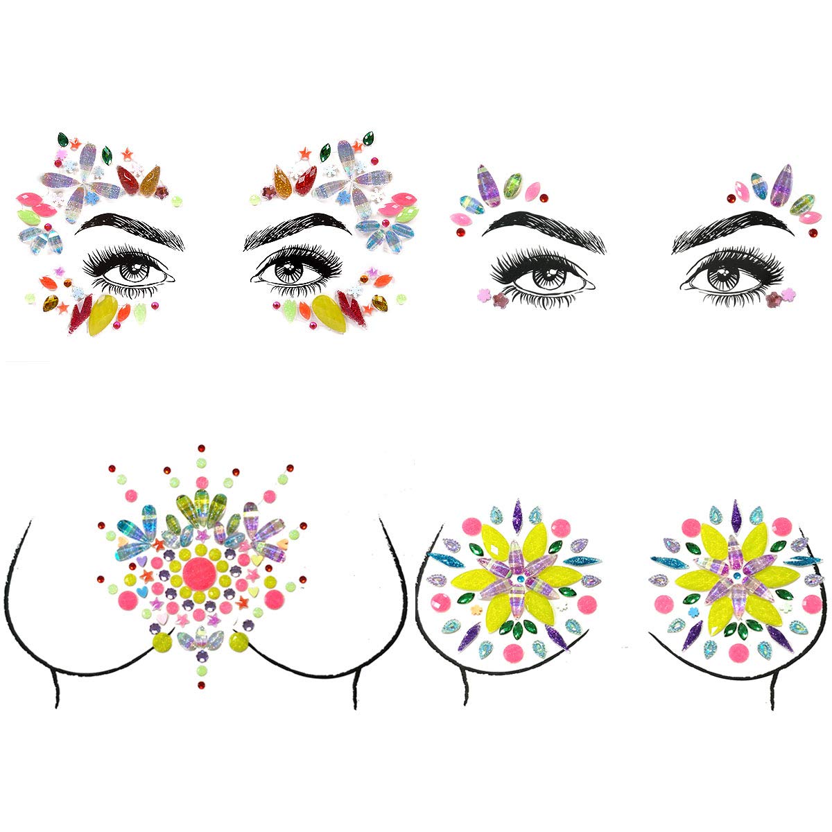 Face Jewels Glitter, Lady Up 3 SET Face Breast Jewels Tattoo Set Mermaid Face Gems Rhinestones Stone Eyes Body Stickers Bindi Crystals Rave for Party Festival