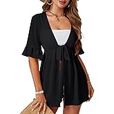 LYANER Women's V Neck Flounce Half Sleeve Tie Knot Front Coverup Beach Cardigan Blouse