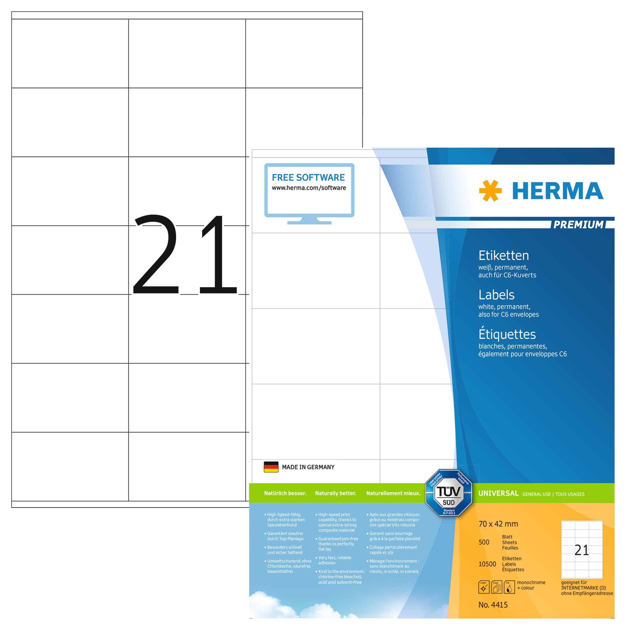 HERMA Self Adhesive Address Labels, 21 Labels per A4 Sheet, 500 Sheets, 70 x 42 mm, 10500 Labels, Blank Mailing Labels Stickers, Sticky Labels for Laser & Inkjet Printer, White