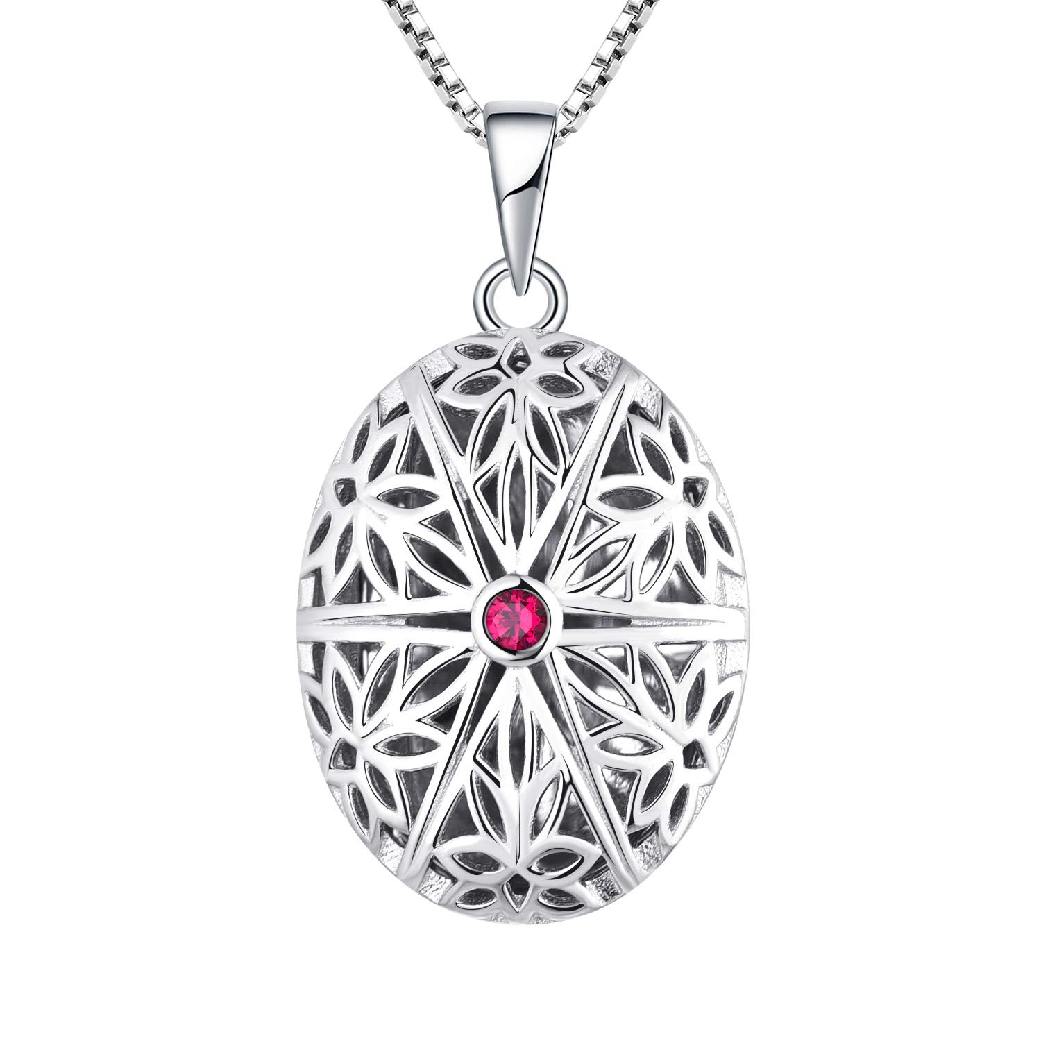 FJ Oval Photo Locket Necklace 925 Sterling Silver Personalised Picture Memory Locket Pendant Necklace Ruby Vintage Jewellery Gifts for Women Ladies Girls