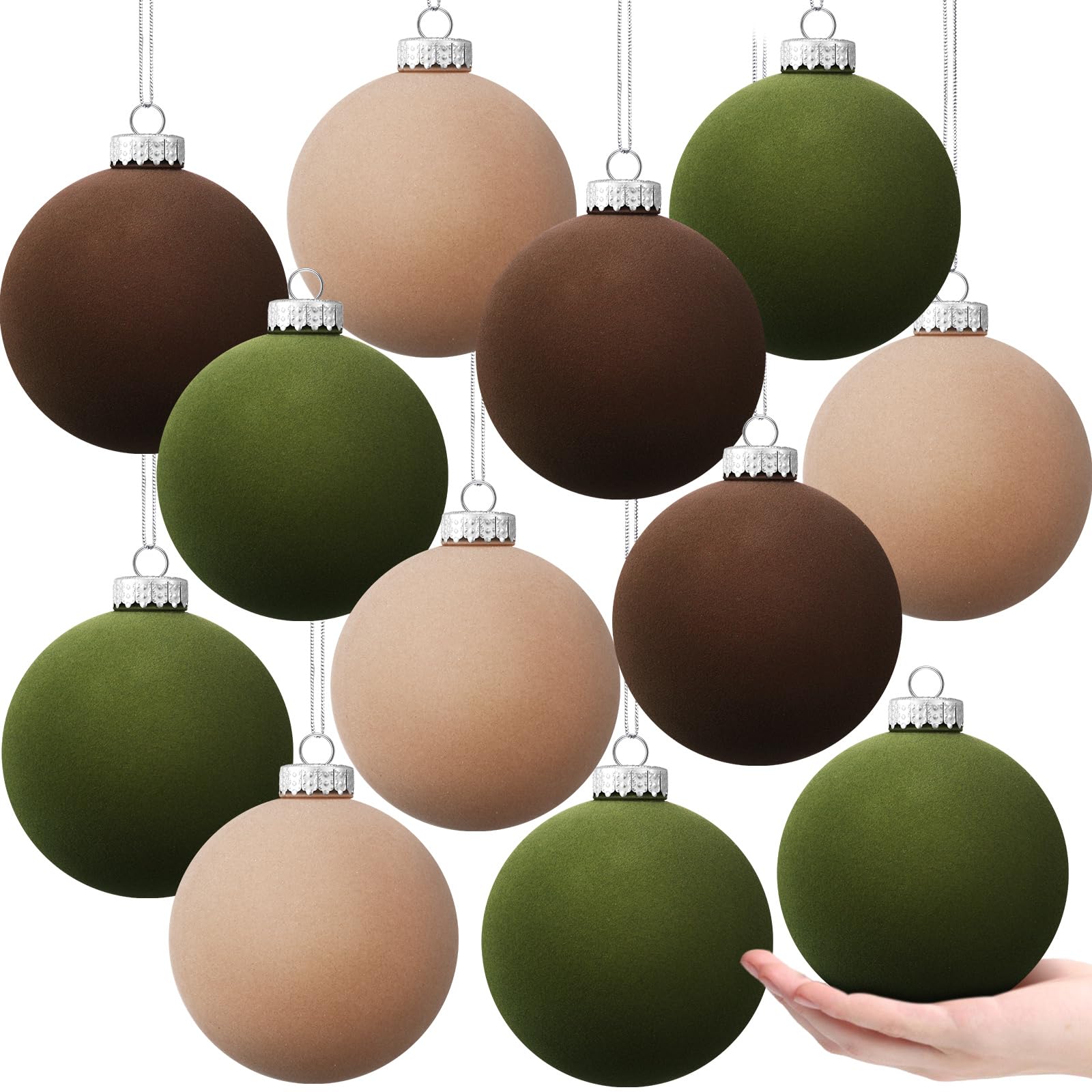 Photo 1 of 12 Pcs Christmas Velvet Balls 4 Inch Flocked Christmas Hanging Ornaments Mixed Color Handmade Velvet Balls Xmas Tree Ornaments Xmas Tree Bulbs for Wedding Anniversary Party Brown Green Cream White
