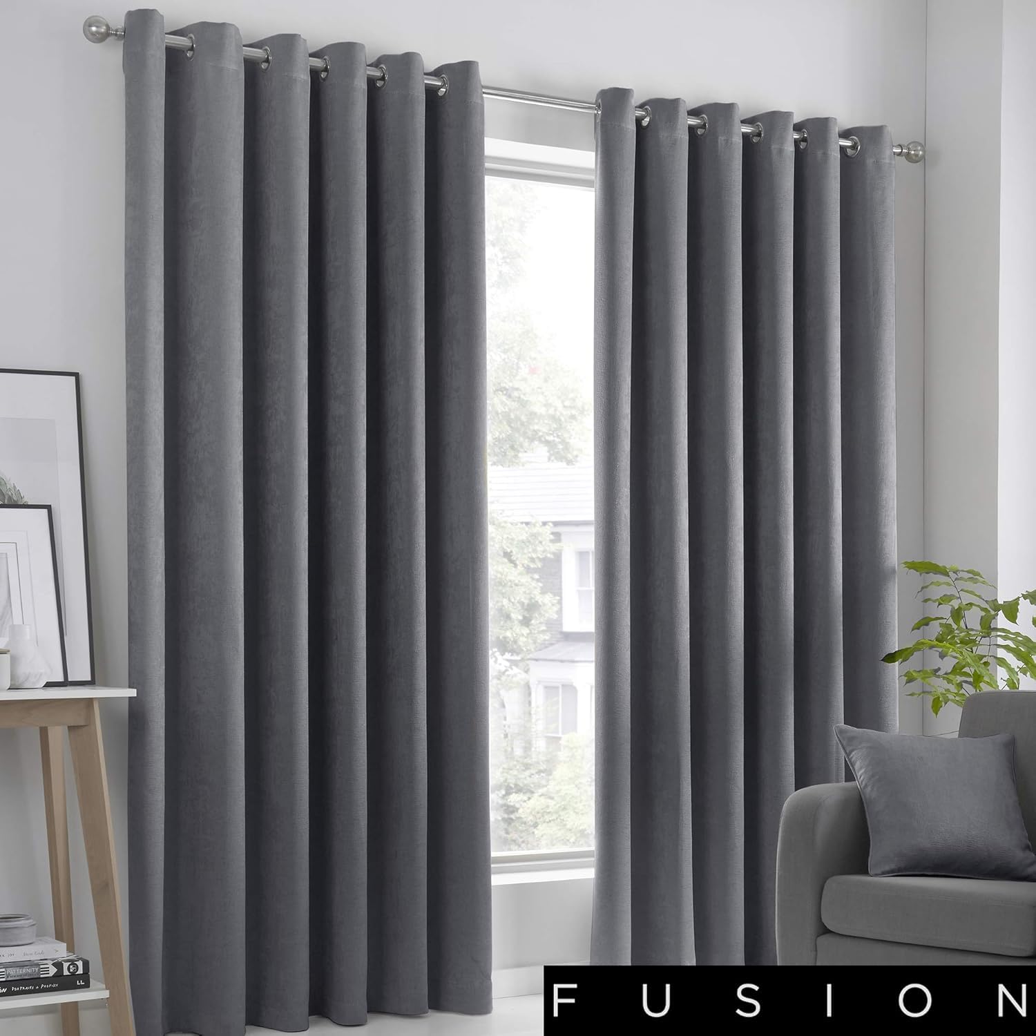 Fusion Strata Woven Eyelet Lined Curtains, Charcoal, 66 x 54 Inch