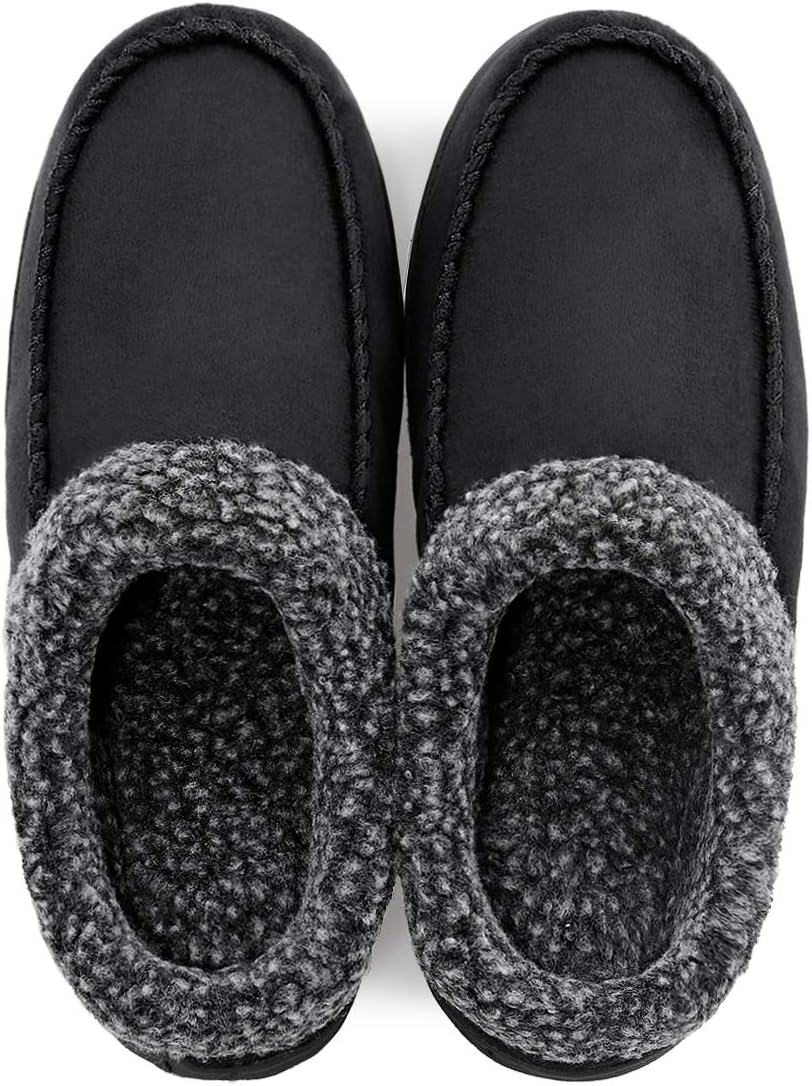 Shoeslocker Men's Cozy Memory Foam Moccasin Suede Slippers with Fuzzy Plush Lining Slip on House Shoes with Indoor Outdoor Anti-Skid Rubber Sole