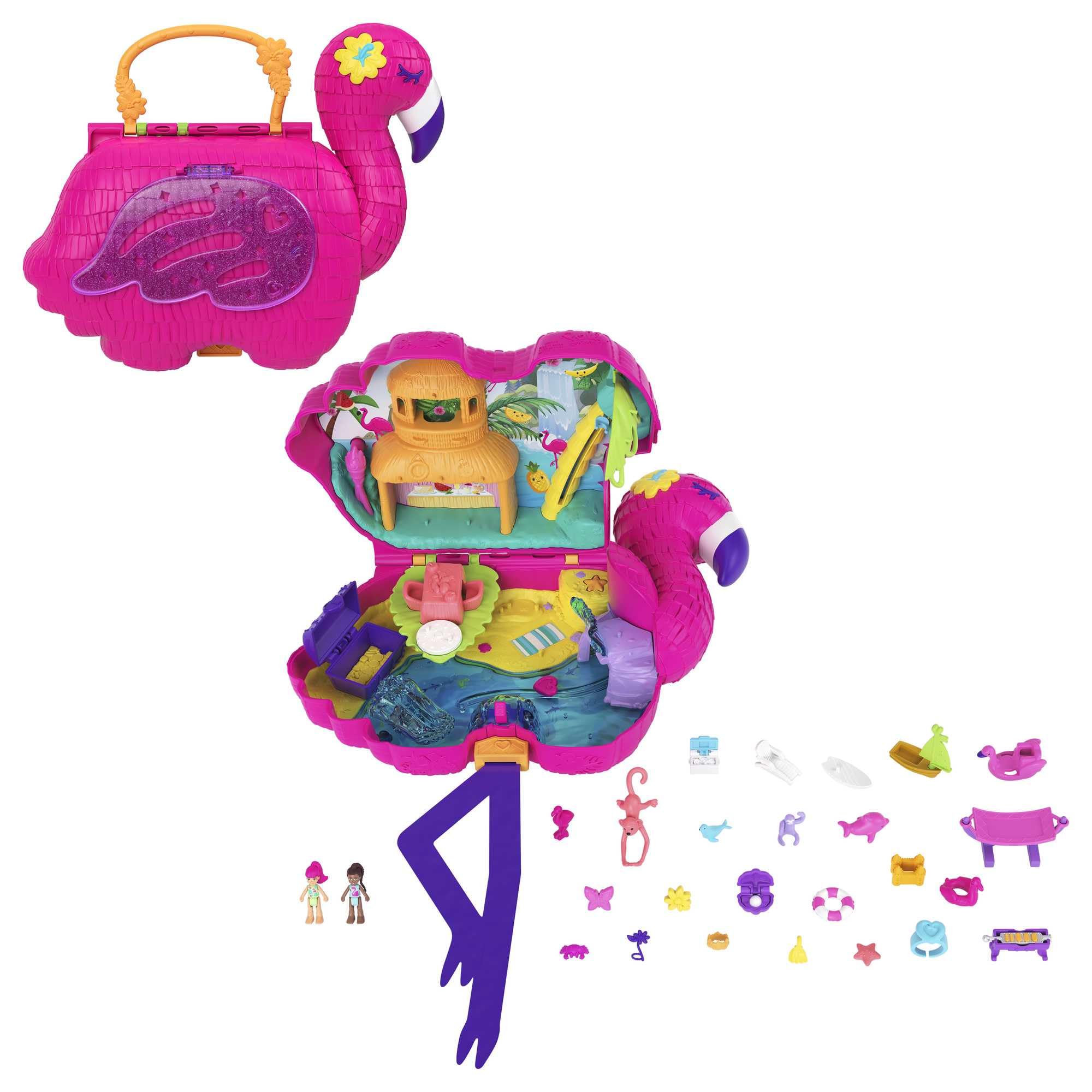 Polly Pocket Flamingo Party Large Compact, 26 Surprises (Including Margot & Friend Dolls), Pop & Swap Feature, 4 & Up