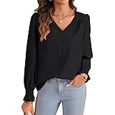 Vrtige Women's Lace Trim V Neck Lantern Long Sleeve Elegant Business Office Blouse Shirt