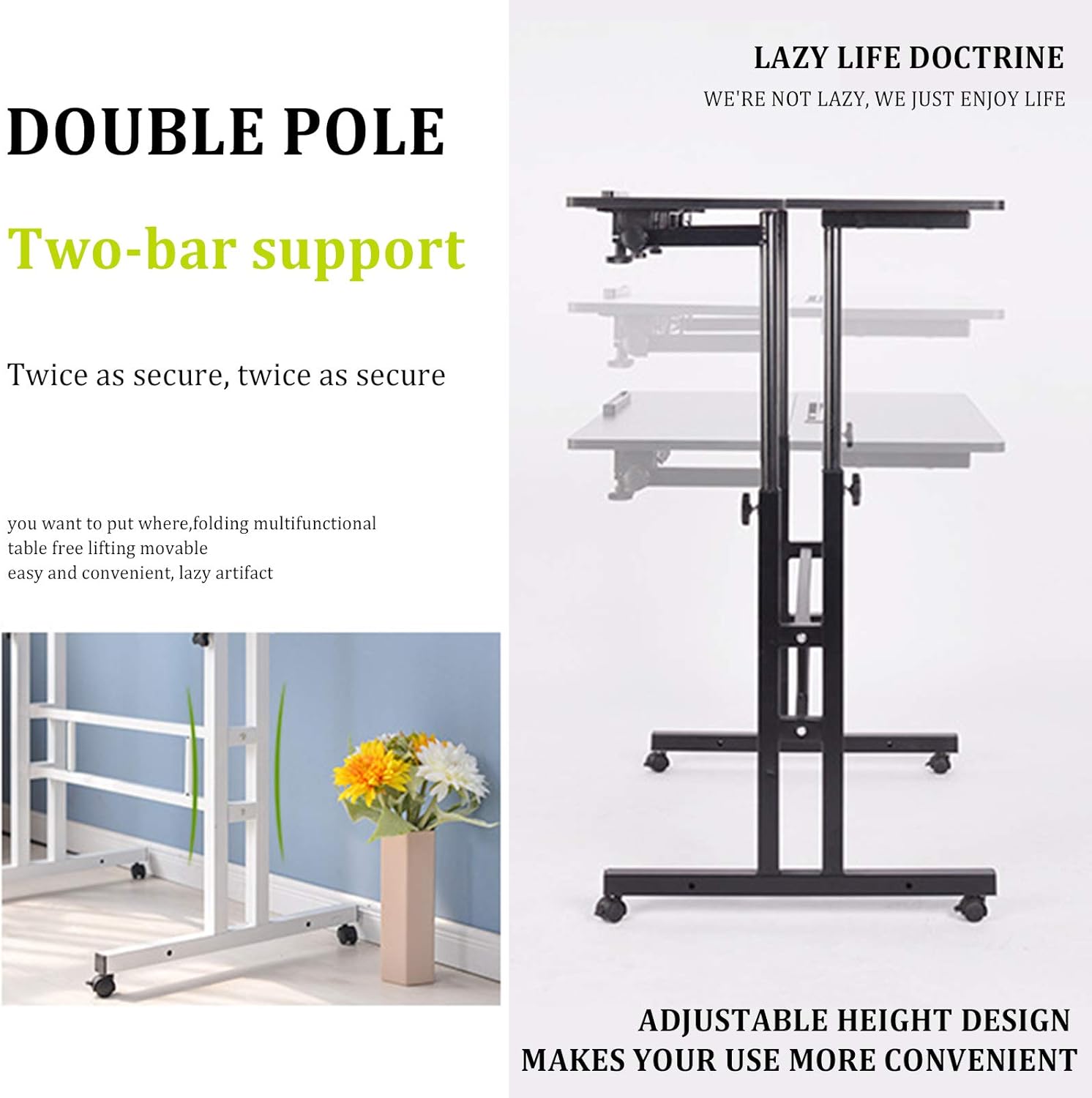 Panghuhu88 Mobile Standing Desk Adjustable Height Stand Up Desk Mobile Rolling Desk Height Adjustable Computer Desk for Home Office (White): Kitchen & Dining