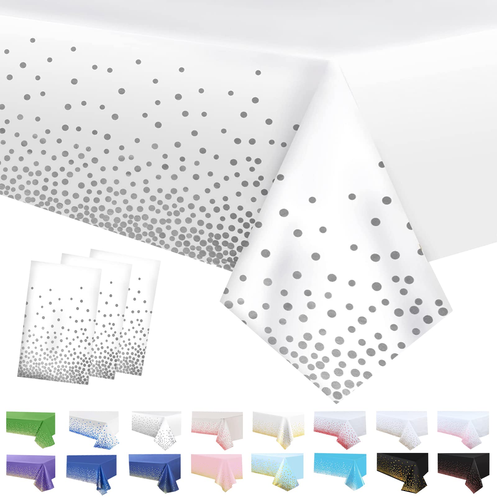 3P White and Silver Dot Table Cloth Party Disposable Tablecloths,137x274cm Confetti Table Covers Rectangle Plastic Tablecloth Party for Picnic,Baby Shower,Wedding,Birthday,Christmas Table Decorations