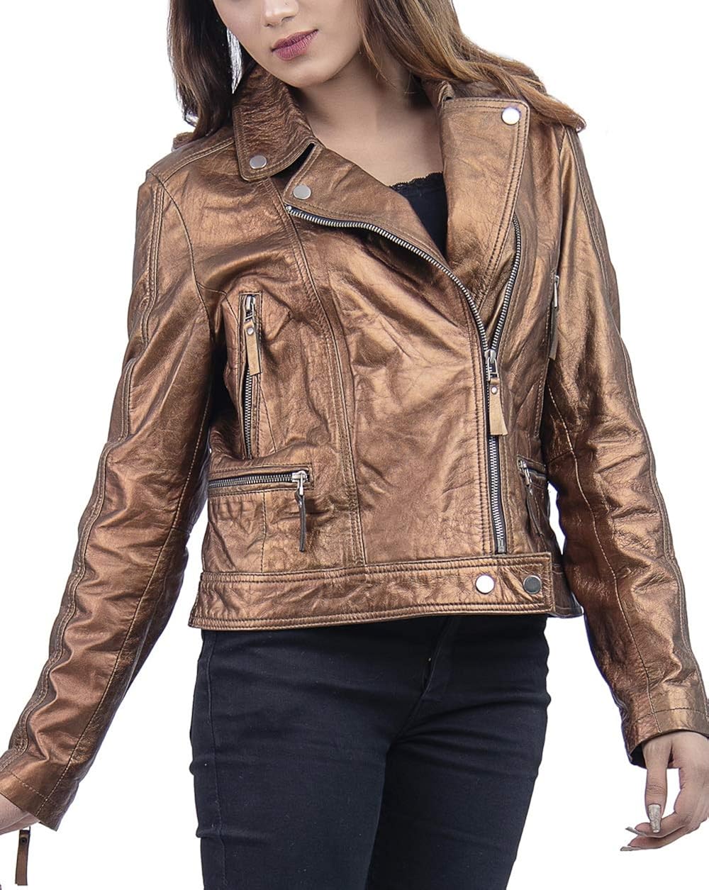 Copper Metallic Womens Leather Jacket (S) Amazon.co.uk Clothing