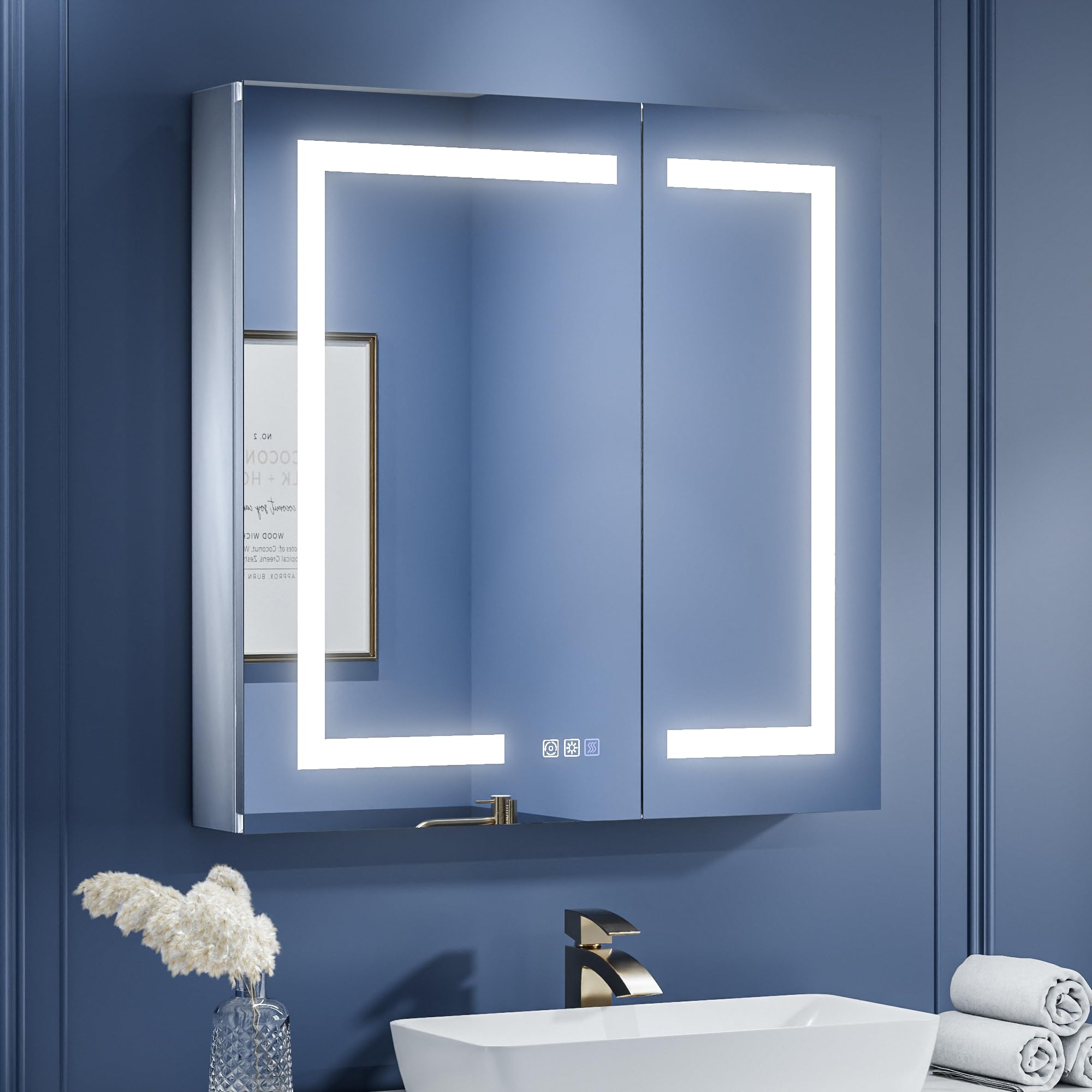 Photo 1 of ***(OUTLET PLUG MISSING -SELLING AS IS)*** 
ExBrite LED Lighted Bathroom Medicine Cabinet with Mirror, 30 x 30 Inch, Recessed or Surface Mount, Anti-Fog, Stepless Dimming, Color Temperature Change, Built-in 6000K Sensor Light, Storage Shelves
