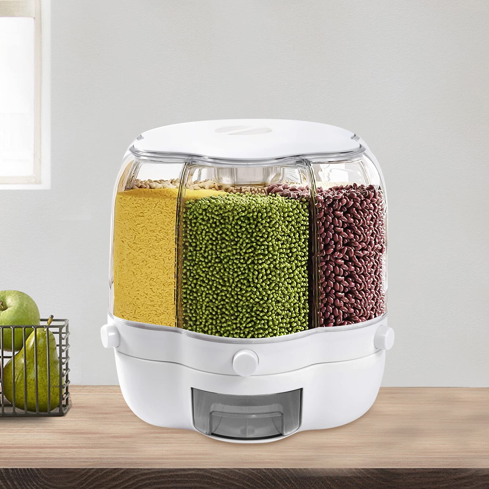 360° Rotatable Grain Dispenser – 6-Compartment Kitchen Storage Container For Rice, Cereal & Pasta (Holds 13+ Lbs)