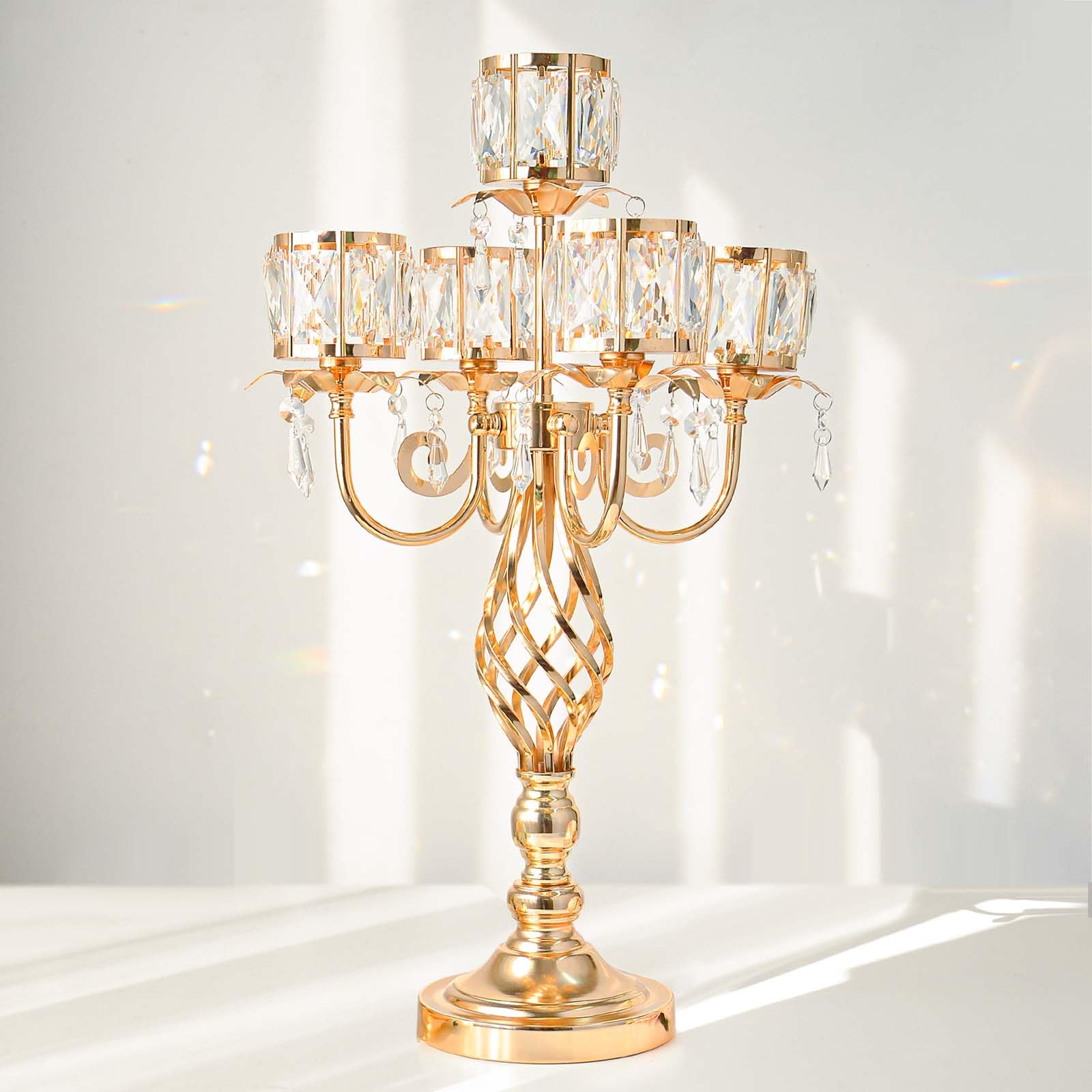 Photo 1 of 23.2 inch Tall Elegant and Chic 5 Arm Pendant Crystal Candlestick Holder Table Decoration tealight Candle Holder, Candelabra for Gorgeous Wedding/Parties Table Centerpiece (1, Gold)