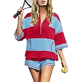 Panadila Women Striped Workout Set Two Piece Outfit Tracksuit Oversized Lounge Set Top and Shorts Sets with Pockets