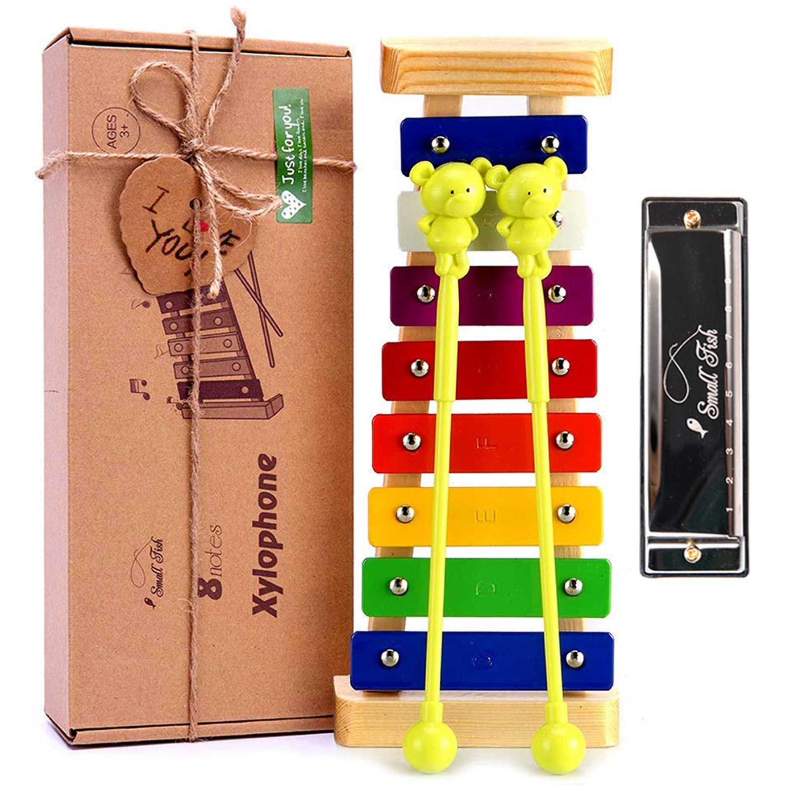 Xylophone for Toddlers and Kids, Baby Boys and Girls Wooden Musical Instrument Toys for Birthday, DIY Idea for Mini Musicians, Glockenspiel with Child Safe Mallets, Music Cards and Harmonica