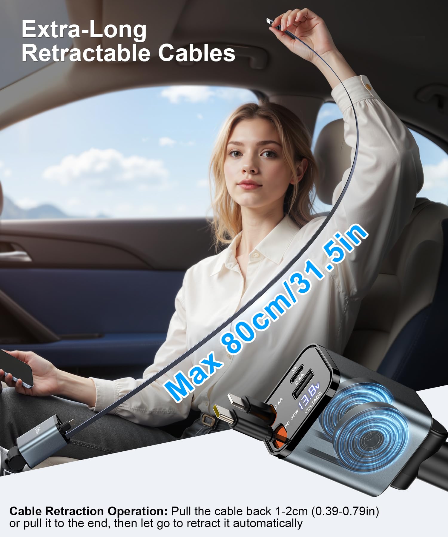 Gritin Retractable Car Charger, 69W Super Fast 4 in 1 USB C Car Charger Adapter with Smart Device-Adaptive Charging Technology&Instant Voltage Display, Accessories for iPhone17 16 Pro Max,iPad,Android