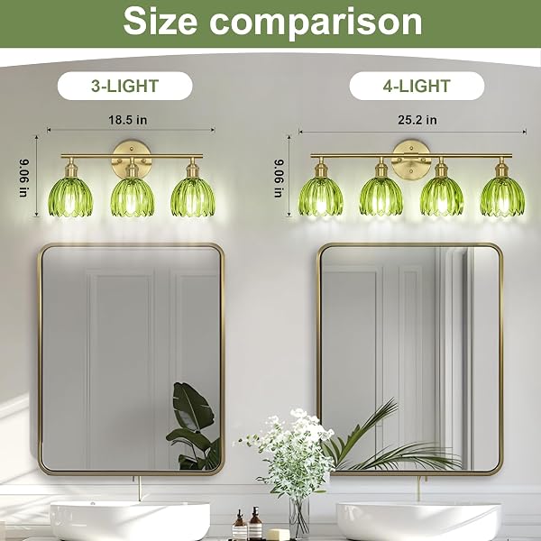 KVHIIW VINTAGE BATHROOM LIGHT FIXTURES,3-LIGHT HARDWIRED VANITY LIGHTS WITH GREEN TULIP GLASS SHADE,GOLD BATHROOM VANITY LIGHT FOR MIRROR RESTROOM,E26 SOCKET,18.5 IN(BULBS NOT INCLUDED)