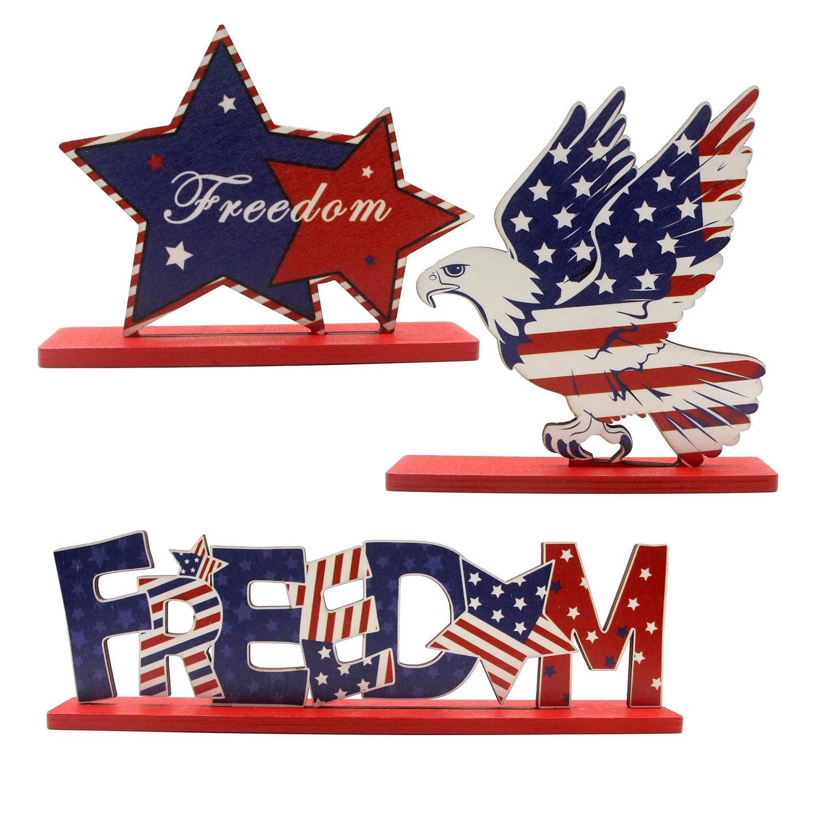 View 1 of 4th of July Table Decorations Patriotic Desk Decor 3 Pcs Wooden Stars Eagle Freedom Memorial Day Red White and Blue Decor