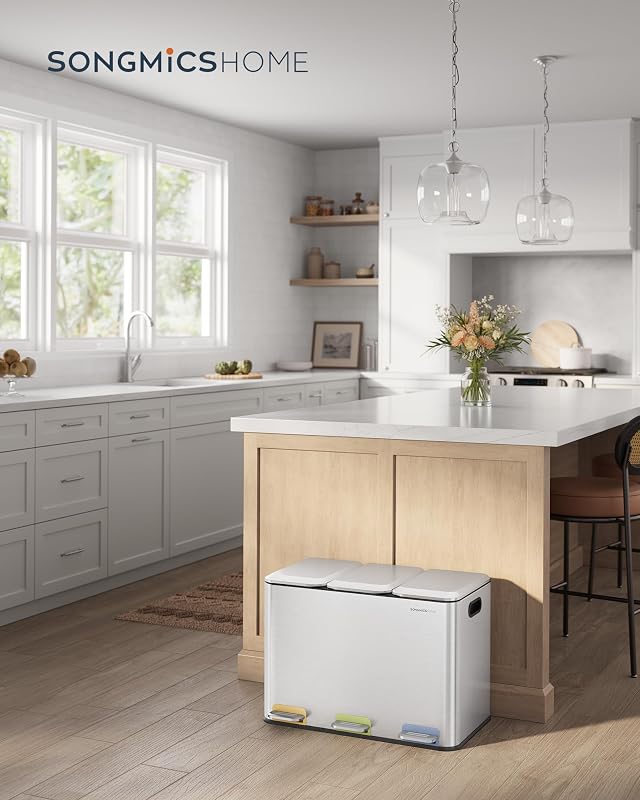Poubelle Triple de Cuisine, Poubelle Recyclage 3 x 15 L avec Pédales Couleur, Système de Séparation Déchets, avec Couvercles et Seaux Intérieurs, Acier, Argent Métallique LTB740E45V1