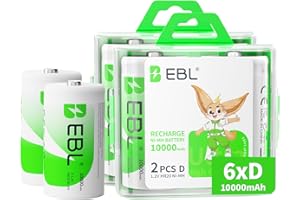 EBL D Battery D Size Rechargeable Batteries 10,000mAh Ni-MH, Pack of 6 - ProCyco Technology