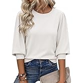 Cicy Bell Womens 3/4 Puff Sleeve Sweater Tops Fall Casual Crew Neck Lightweight Knit Pullover Loose Fit Scallop Trim Sweater