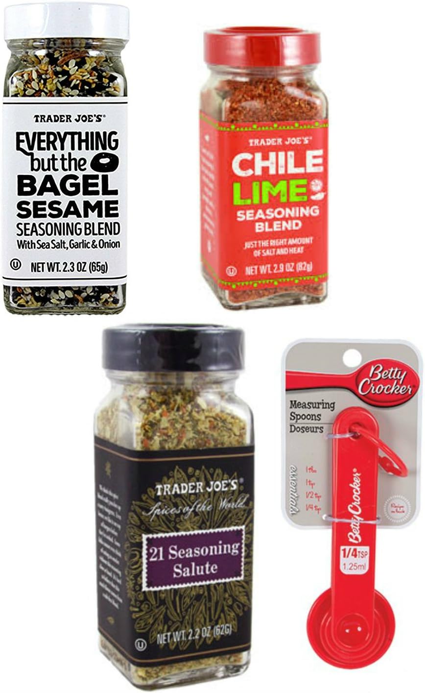 Trader Joe's Everything But The Bagel Sesame Seasoning, Chili Lime Seasoning, 21 Seasoning Salute, and Measuring Spoons