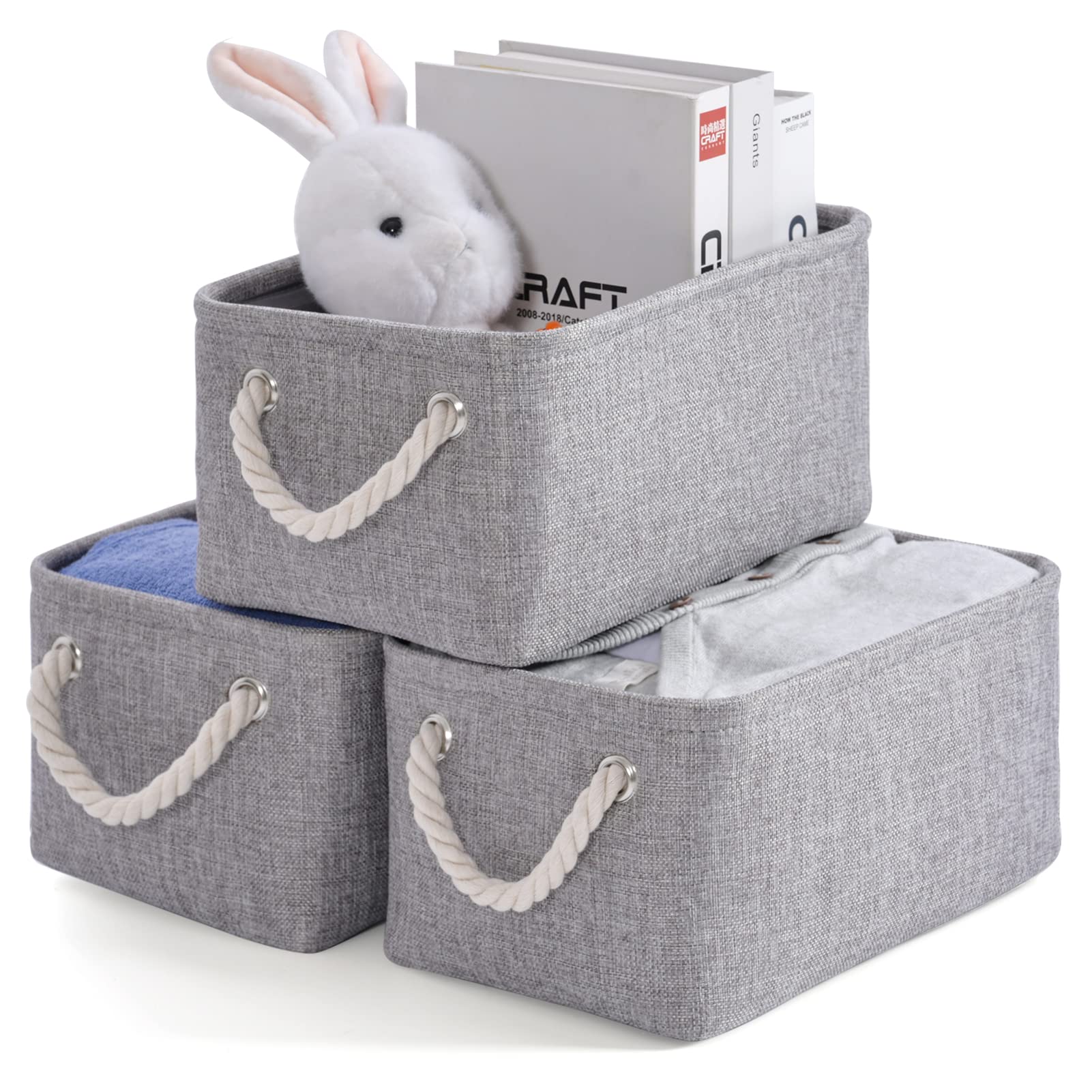 Kriovoa 3 Pcs Fabric Storage Baskets, Foldable Storage Baskets with Handles, Canvas Storage Boxes for Shelves, Toys, Clothes, Books 31x21x16cm, Grey.