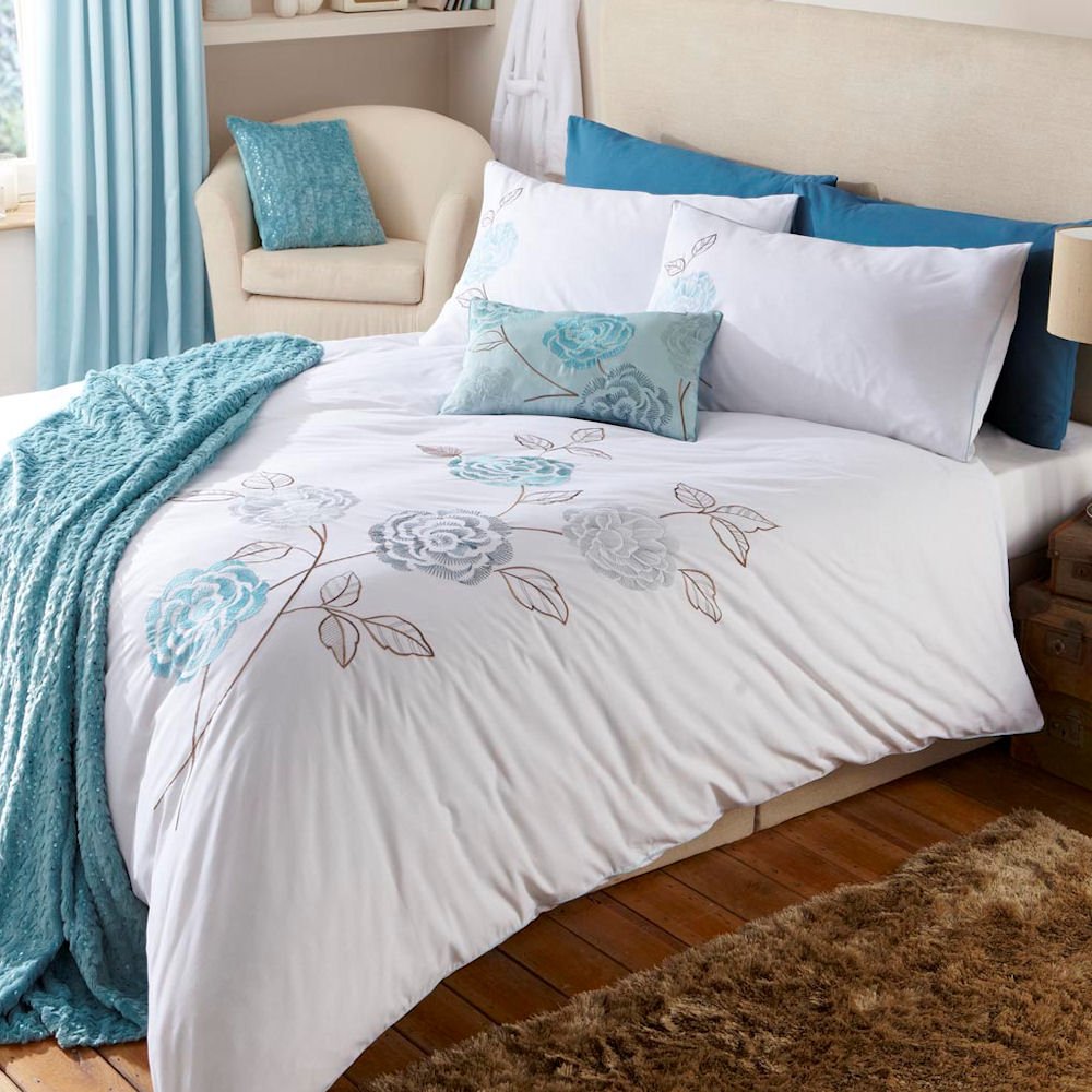 Peony Duck Egg Floral Embroidered White Double Duvet Quilt Cover