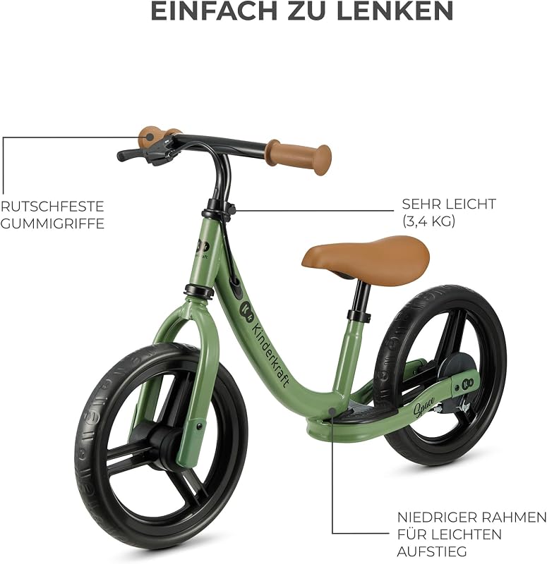 SPACE2 Laufrad, Lernlaufrad, Kinderlaufrad, Höhenverstellbarer Sattel, 12 Zoll Räder, Metall, ab 2 Jahre, Modernes Design, Grün
